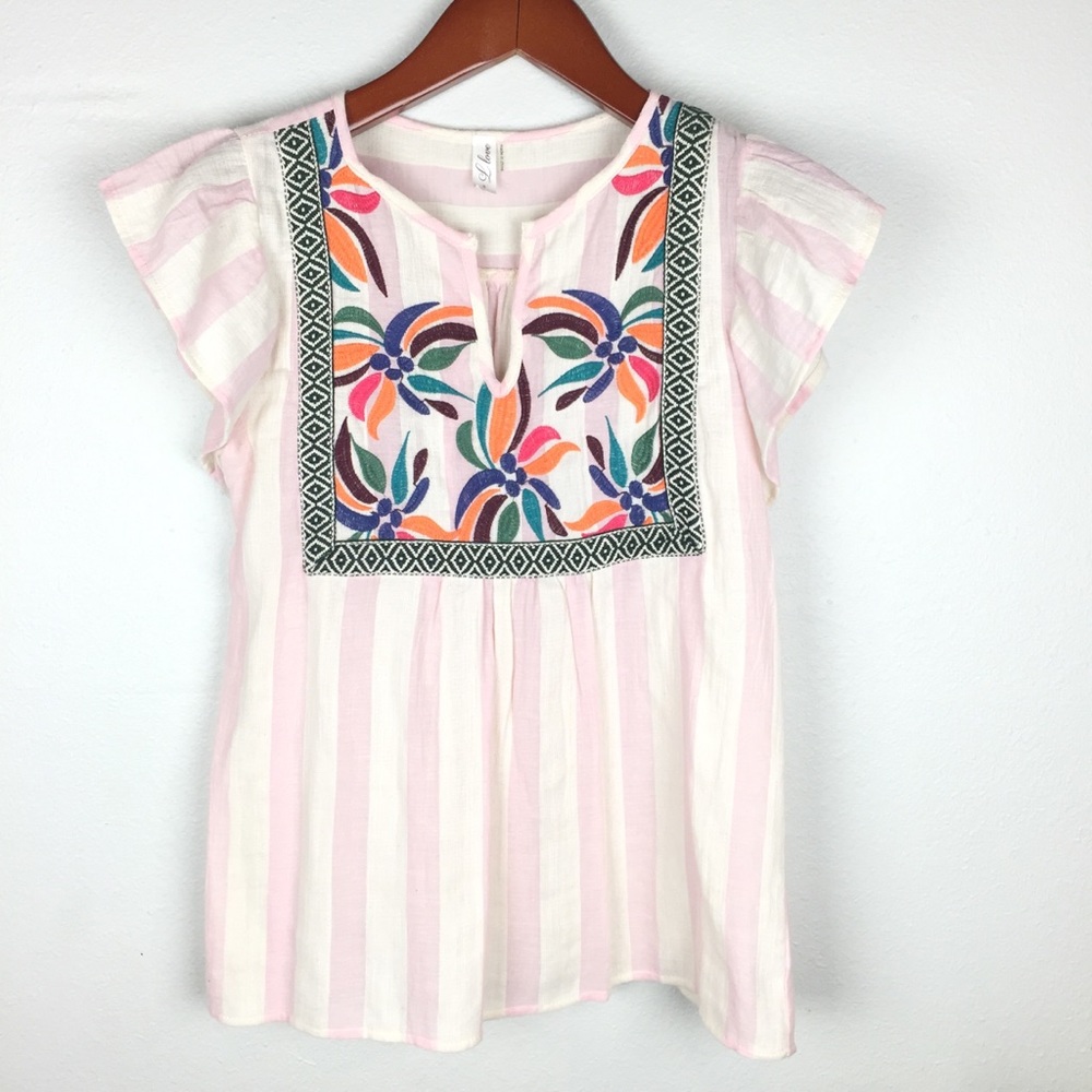 Embroidered Striped Ruffle Sleeve Cotton Blouse Spring Color